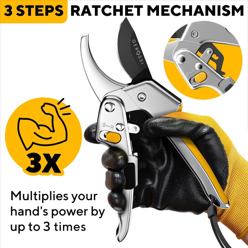 GEROSSI Ratchet Pruning Shears for Gardening Heavy Duty - Increases Cutting Power 3x - Perfect Ratchet Pruners for Weak Hands & Arthritis - 8” Anvil Garden Clippers - Sharp Blade for Effortless Cutting-Yellow - Image 3